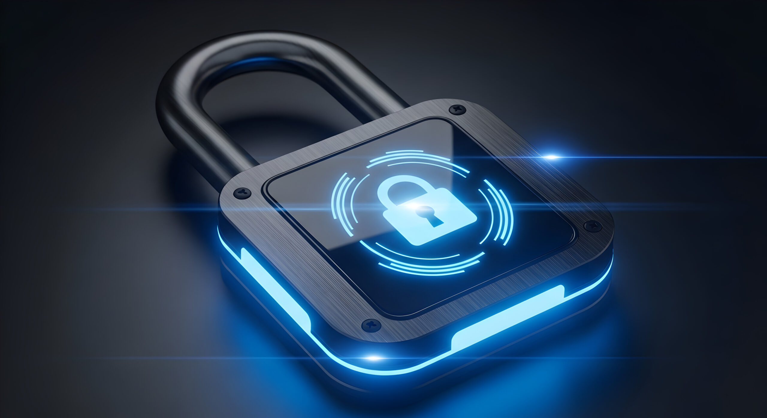 Ein digitales Vorhängeschloss mit leuchtend blauen Akzenten symbolisiert Datenschutz und robuste Datensicherheit und sichert KMU in ihrem digitalen Alltag.