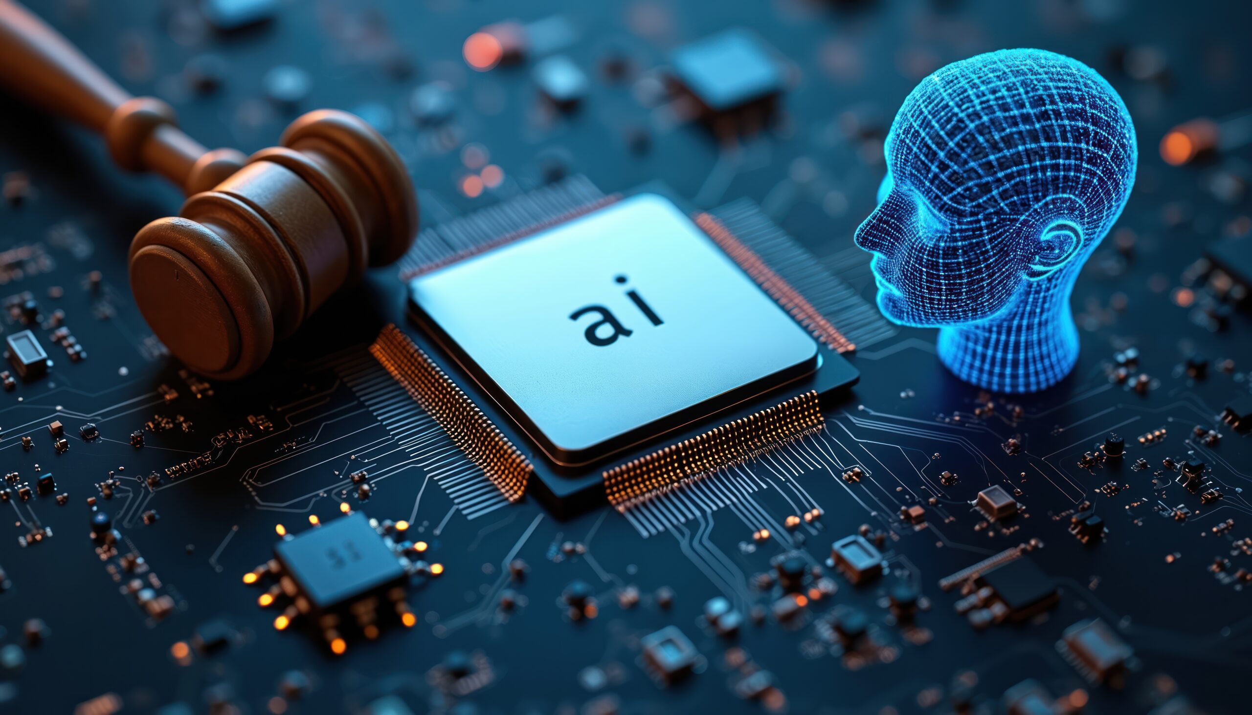 Ein Hammer, ein KI-Chip und ein digitales menschliches Kopfmodell auf einer Platine, die KI und rechtliche Fragen symbolisieren, die für KMU und ihre Mitarbeiter relevant sind.