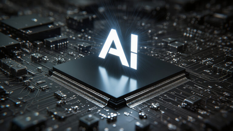 Ein leuchtendes "AI"-Label auf einem Computerchip symbolisiert Künstliche Intelligenz, umgeben von komplizierten elektronischen Schaltkreisen auf einer dunklen Hauptplatine.