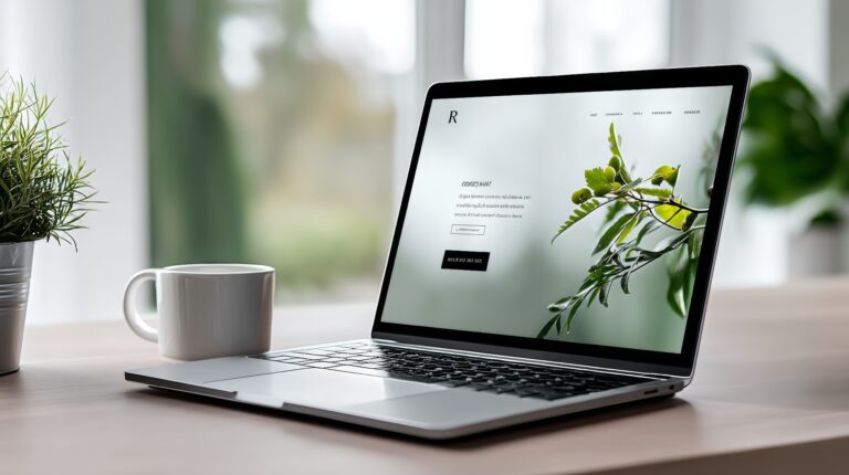 Ein Laptop auf einem Schreibtisch zeigt eine Website mit einem Pflanzenfoto - perfekt für die Datenschutz-Prüfung. Ein weißer Kaffeebecher steht daneben und vervollständigt die Szene.