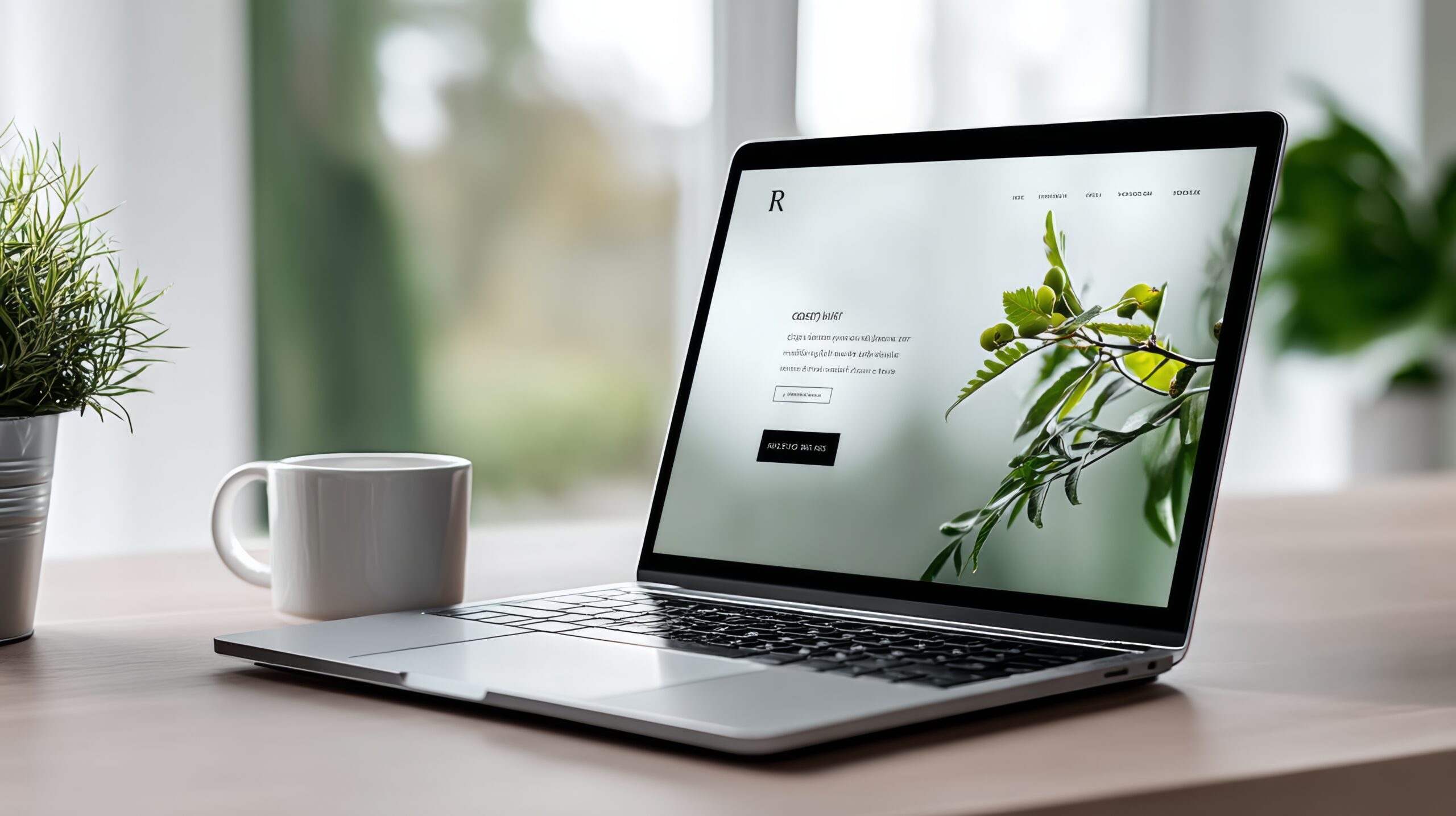 Ein Laptop auf einem Schreibtisch zeigt eine Website mit einem Pflanzenfoto - perfekt für die Datenschutz-Prüfung. Ein weißer Kaffeebecher steht daneben und vervollständigt die Szene.