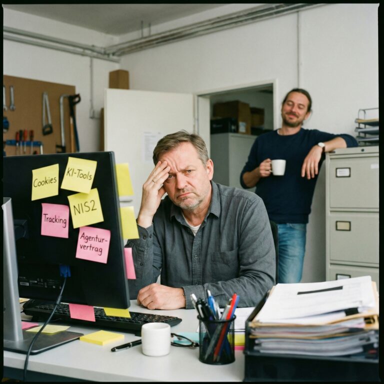 Ein gestresster Mann sitzt an einem mit Haftnotizen übersäten Schreibtisch, während ein Kollege mit einer Tasse lächelnd hinter ihm steht - vielleicht ohne den automatisch gespeicherten Entwurf auf seinem Computerbildschirm zu bemerken.